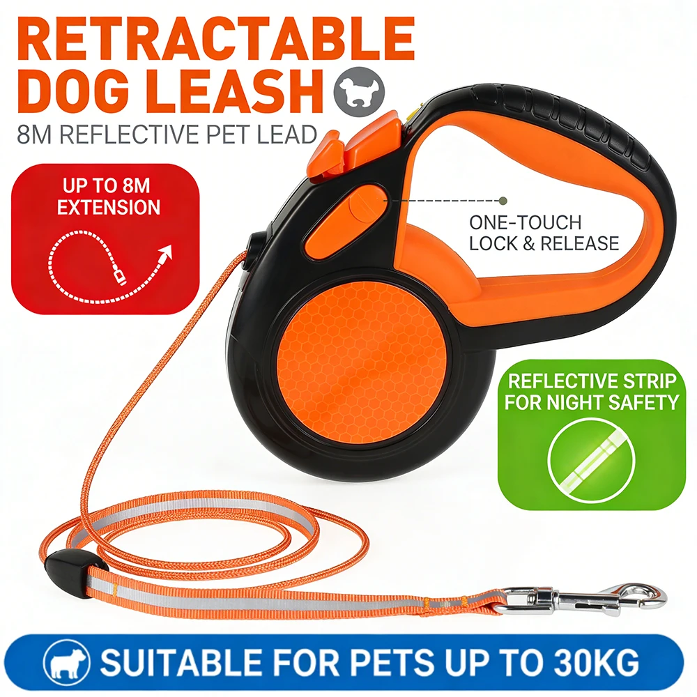 8M Retractable Dog Lead Heavy Duty Pet Walking Leash with Strong Reflective Tape Non-Slip Handle 1005012049709241
