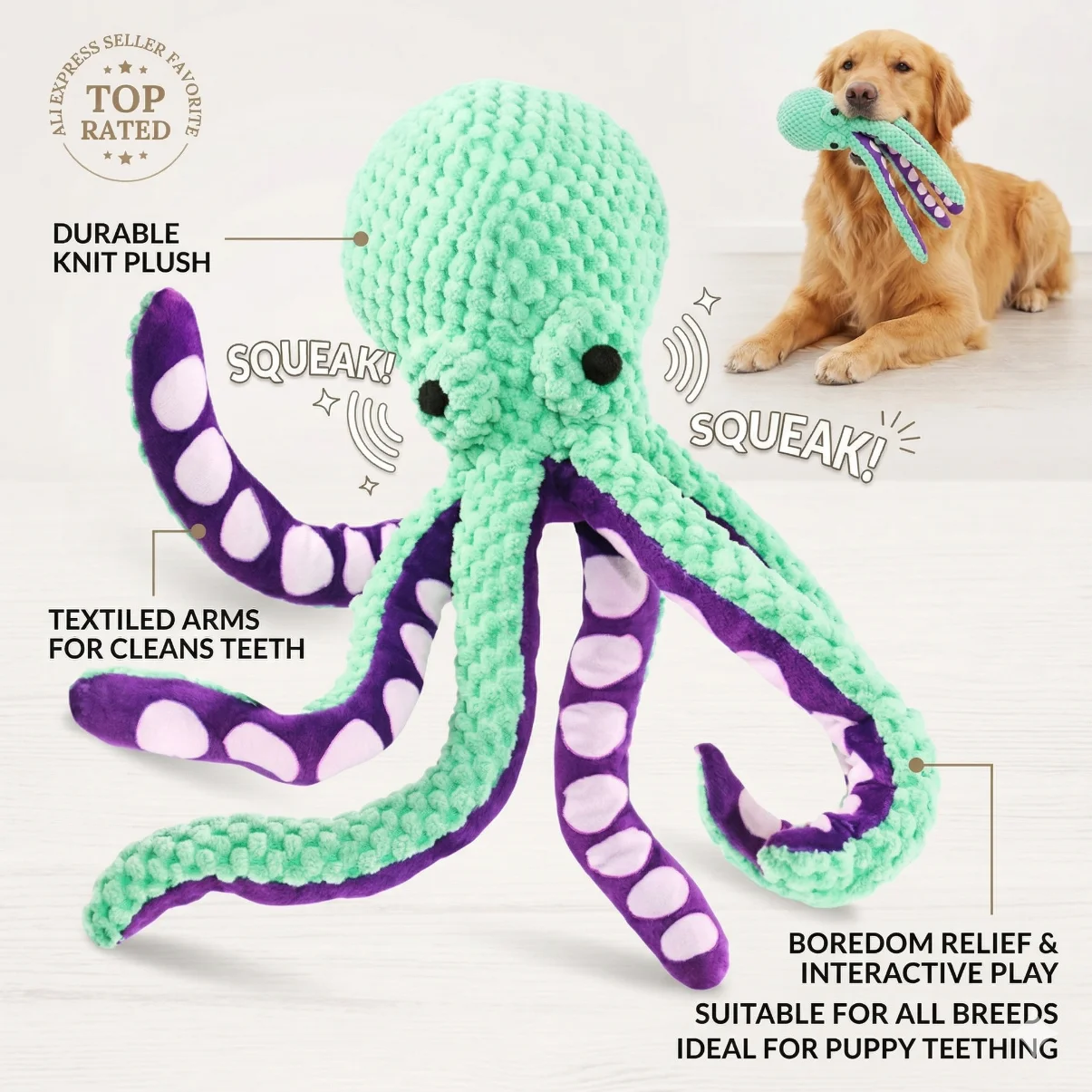 Funny Knit Octopus Squeaky Dog Toy: Durable Interactive Plush for Puppy Teething & Boredom Relief 1005012056893695