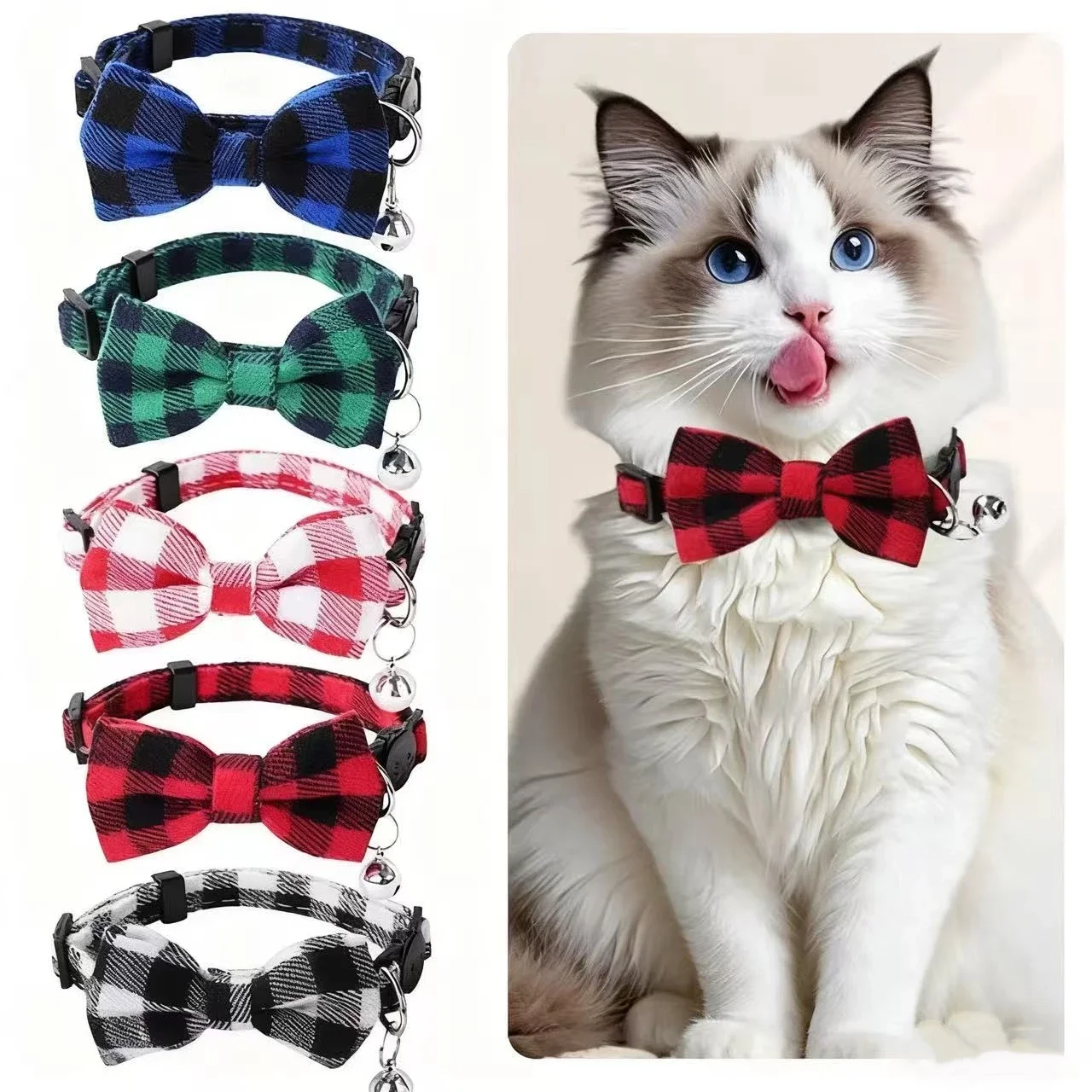New British Checkered Bow Collar Pet Bell Collars Stick Cloth Cats Buckle Style Cat Dog Collars 1005012066119359