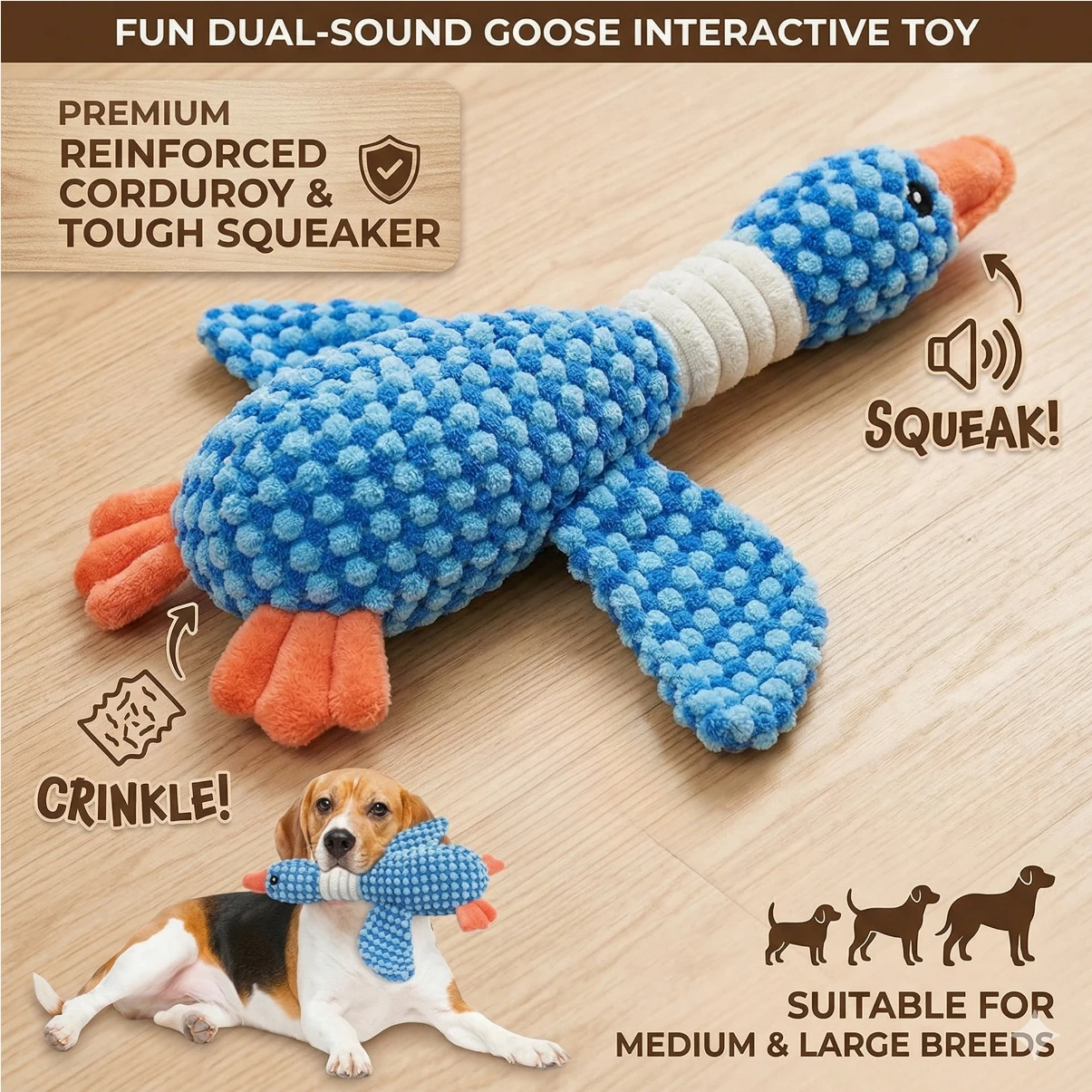 Squeaky Goose Dog Toy with Crinkle Paper, Durable Plush Chew Toy for Interactive Tug 1005012066142536