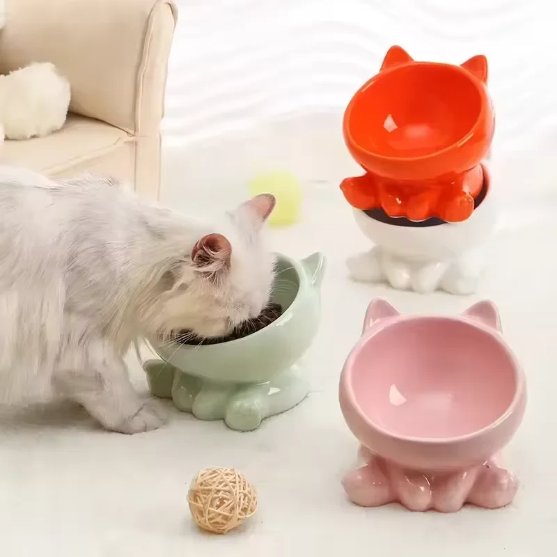 Cute Ceramic Cat Bowl with High Feet Dog Drinking Water Bowl Pet Supplies Cervical Spine Protection 1005012068908897