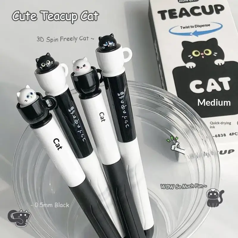 Creative Rotating Cat Pocket Pen 0.5mm Fun Animal Quick Dry Pen Cute Teacup Cat Gel Pens For School 1005012077872716