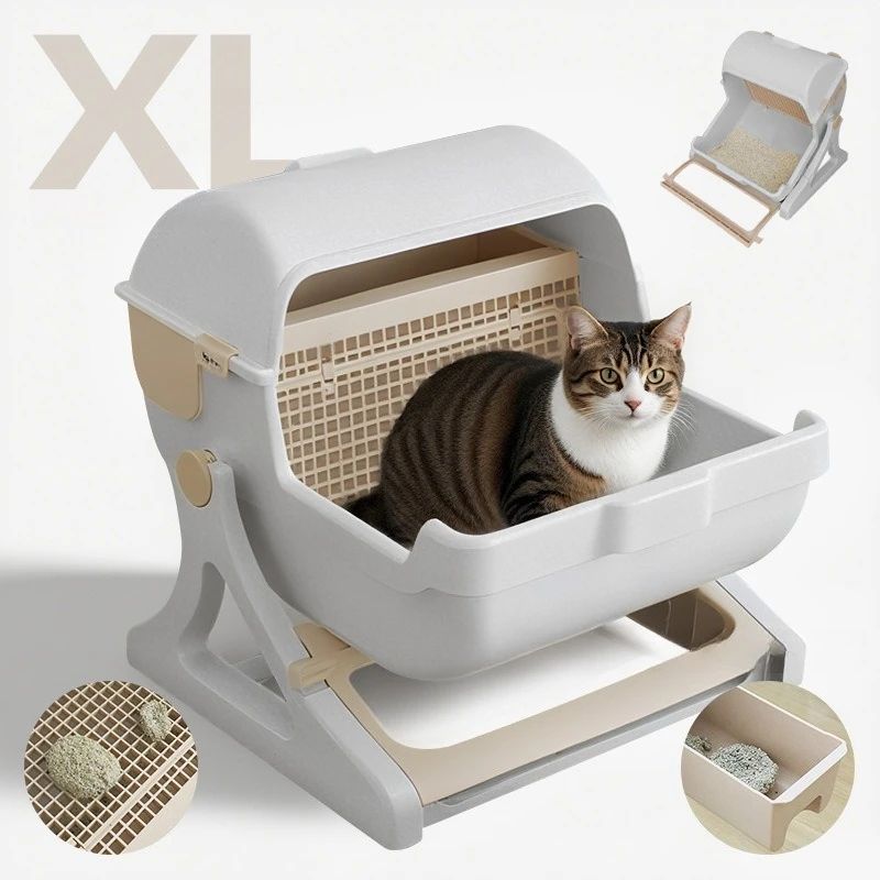 New Extra Large Semi-Automatic Cat Litter Box with Scoop, Anti-Splash Cat Villa Toilet 1005012084843056