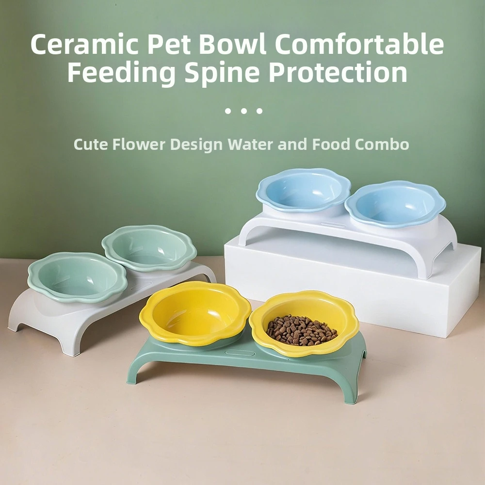 Non-Slip Ceramic Cat Double Bowls Detachable Flower Shaped Pet Food Feeder Protect Cervical Spine 1005012086327364