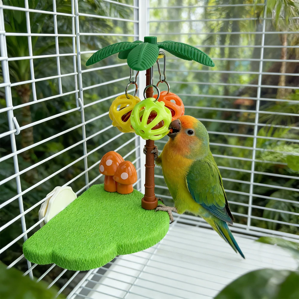 Tropical Bird Perch Platform Bell Ball Palm Tree Interactive Toy Budgie Cockatiel Enrichment 1005012096368652