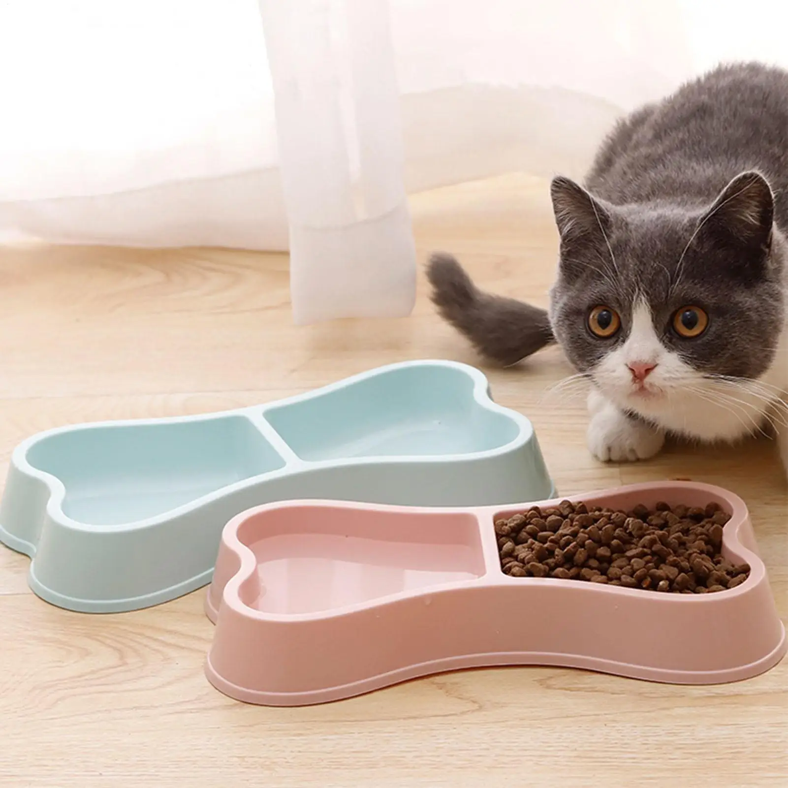 Pet Bowl Bone-Shaped Pet Bowls 2 in 1 Food & Water Dish with Non-Slip Base Cat Feeding Set for 1005012104052205