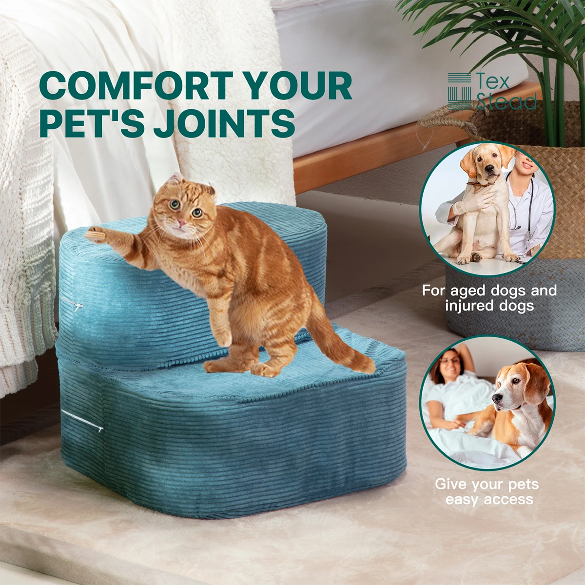 Foldable Corduroy Pet Stairs, Adjustable 2-Step Dog Ramp for Small Dogs Cats 1005012105315995