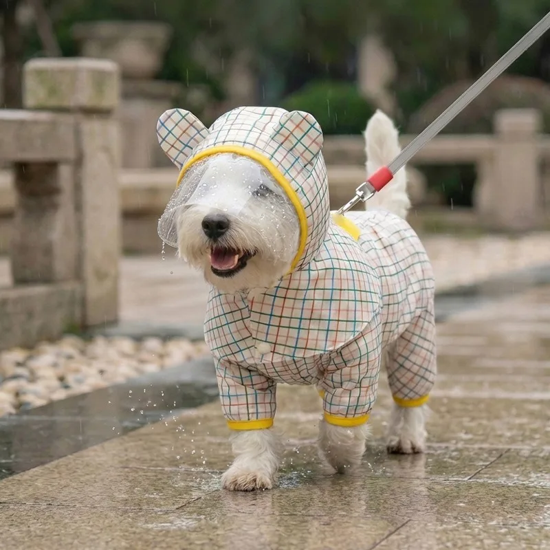 Dog Plaid Split Raincoat Small Dog Waterproof Clothes for Rainy Days Outdoor Wear Summer Teddy Four 1005012120250229