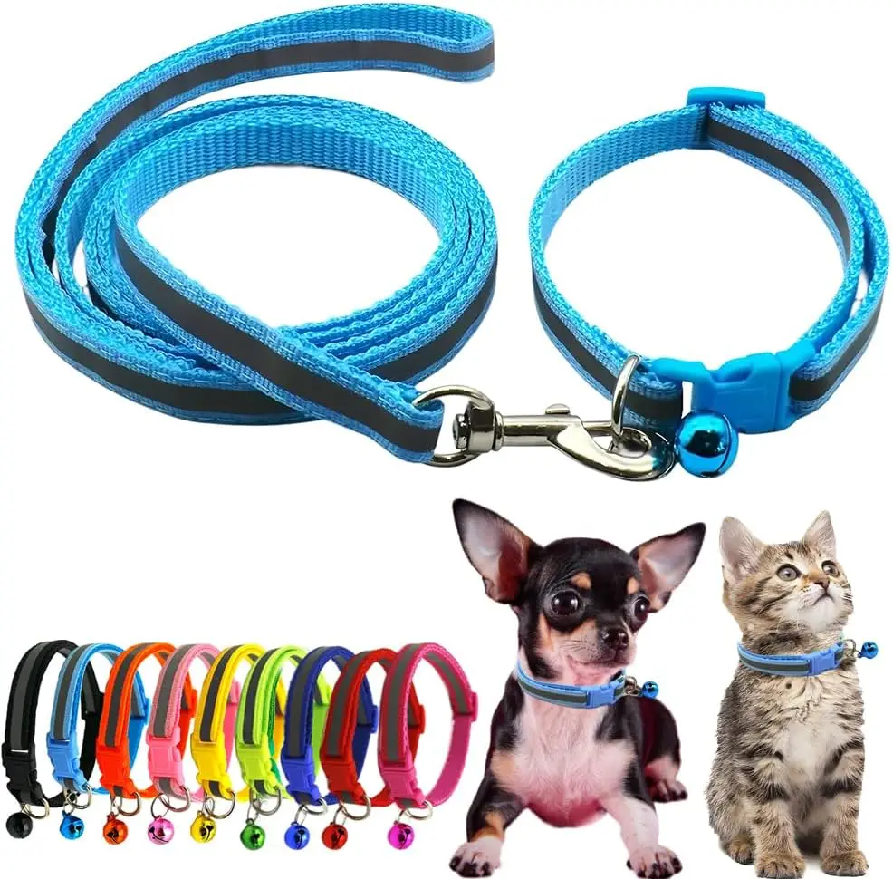 Reflective Nylon Pet Collar Leash Set with Bell Quick Release Buckle Adjustable Safety Collars for 1005012124138217
