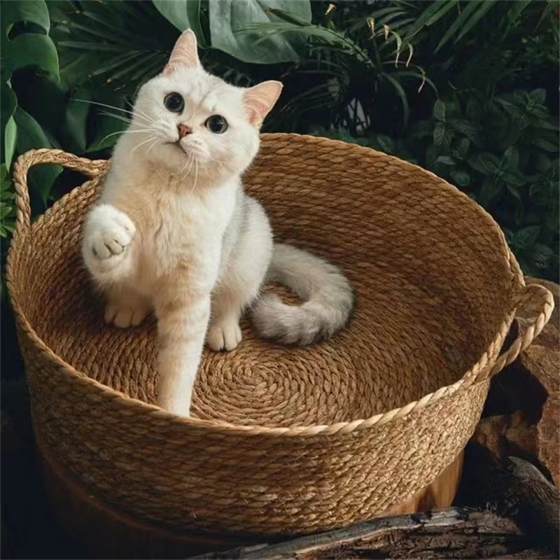 Cat Gog Bed Rattan Four Season Cat Bed Summer Cool Nest Pet Cat Supplies Cattail Woven House Nest 1005012126446821