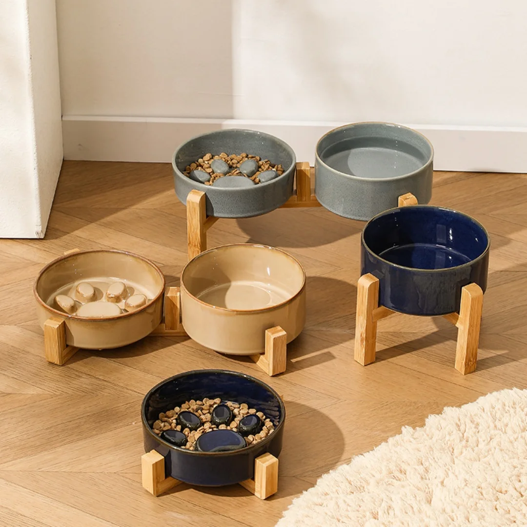 Kiln-Glaze Slow Feeder Pet Bowl with Elevated Wooden Stand, Anti-Tip Cat Dog Food Water Dish 1005012127882696