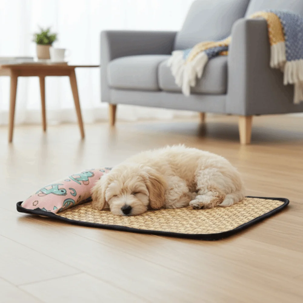 Rattan Weave Pet Cooling Mat Cartoon Pattern Breathable Cat Sleeping Anti-Slip with Pillow Dogs 1005012134982815