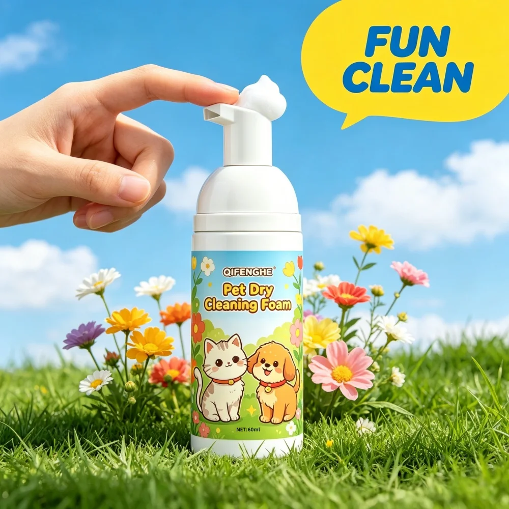 QIFENGHE 60ml Pet Dry Cleaning Foam, Waterless No-Rinse Shampoo for Cats & Dogs 1005012143478571