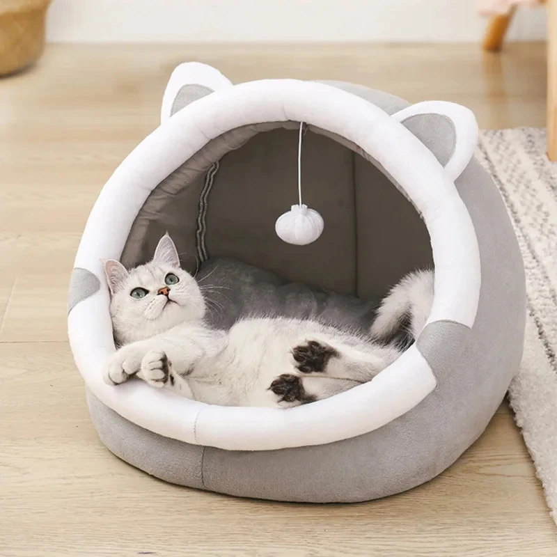 Warm Pet Cave Bed for Cats Dogs, Soft Comfortable Pet Nest with Hanging Ball 1005012156448335