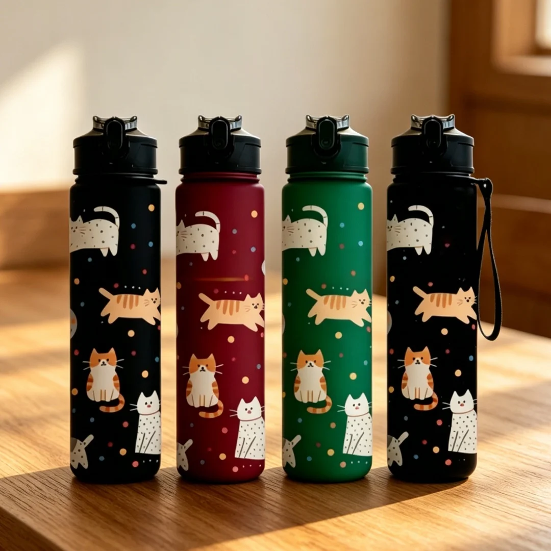 Cute Cartoon Cat Water Bottle with 3D Printed Design, Frosted Premium Texture, Fade Resistant 1005012157241676