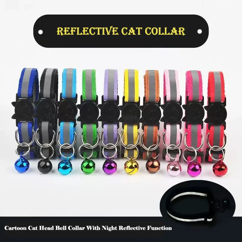 Color Reflective Cat Collar Cute Cartoon Cat Head Design With Colorful Bell Adjustable Soft Neck 1005012159106658