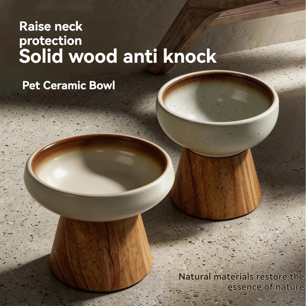 Ceramic Elevated Cat Bowl with Solid Wood Base, Neck Protect Anti-knock Feeding Dish 1005012161671319