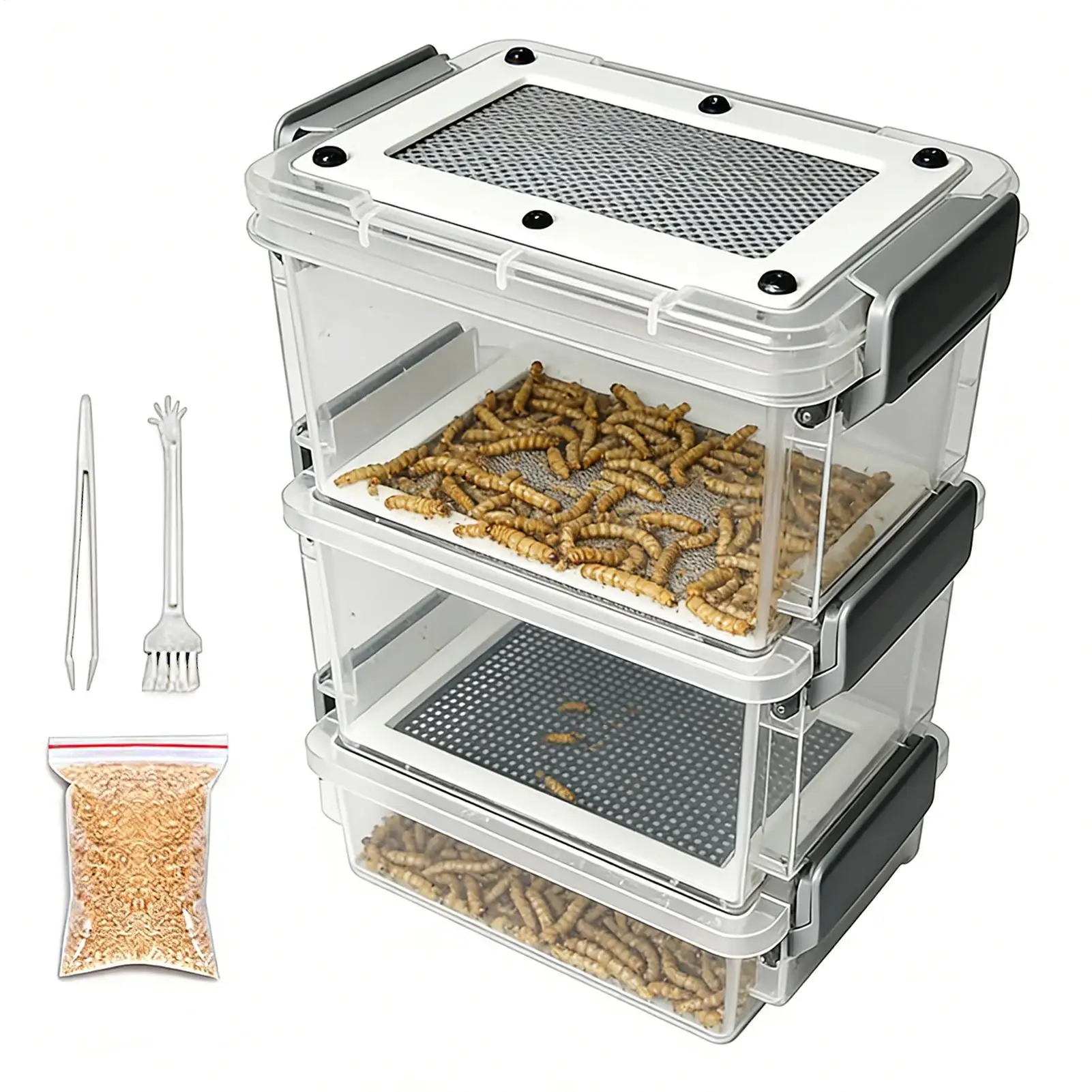 Mealworm Breeding Kit 3-Layer Silkworm Feeder Bin Corn Worm Breeder Box for Pet Parents Animal 1005012169116162