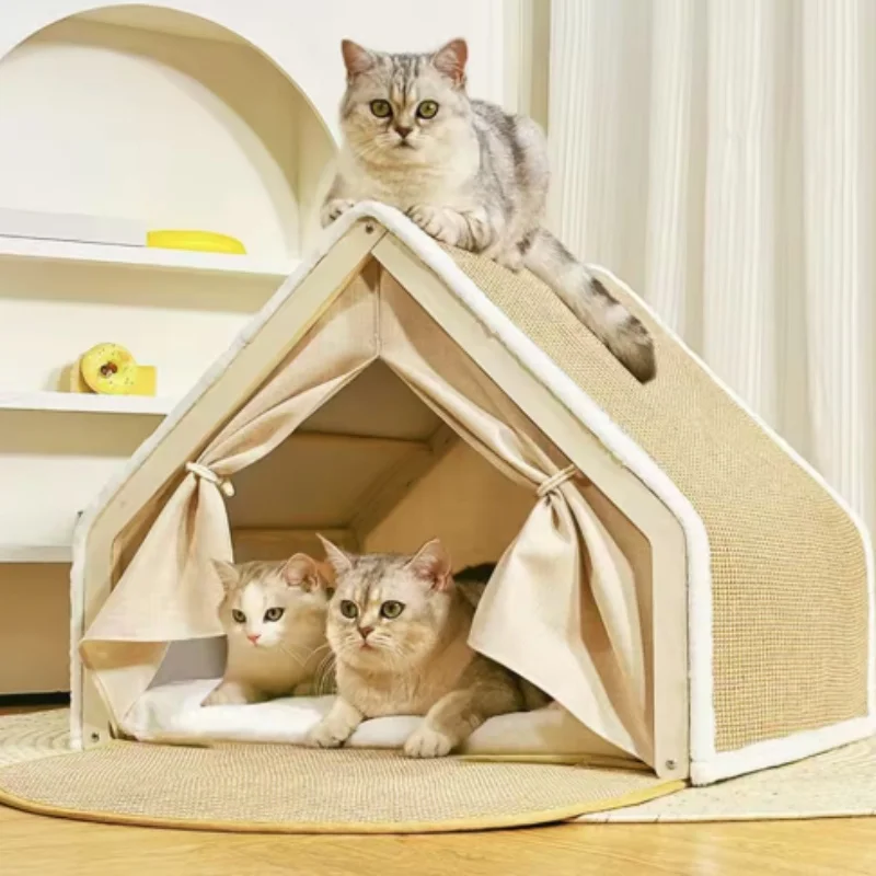 Cat Tent Villa Pet Bed Cozy Half-Enclosed Wooden All-Season Dual-Use Durable No Scraps Drop House 1005012169501246