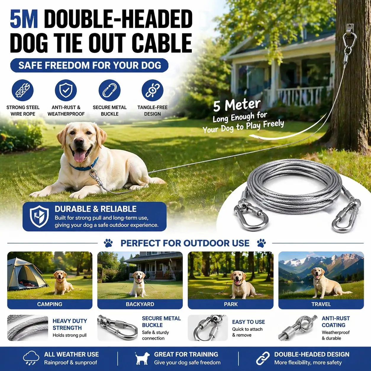 Double-Headed Dog Tie Out Cable Leash 1005012169548598