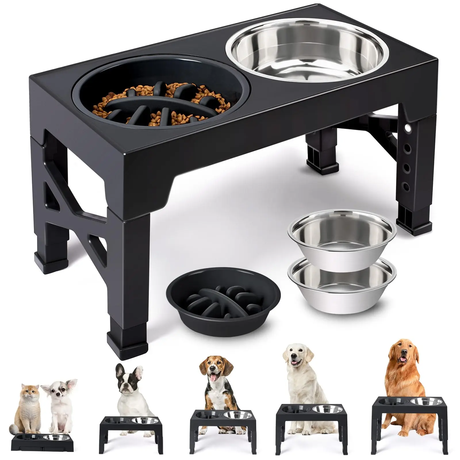 Elevated Dog Feeder Bowls Adjustable Raised Stand with Double Stainless Steel Food Water Bowls 1005012177236140
