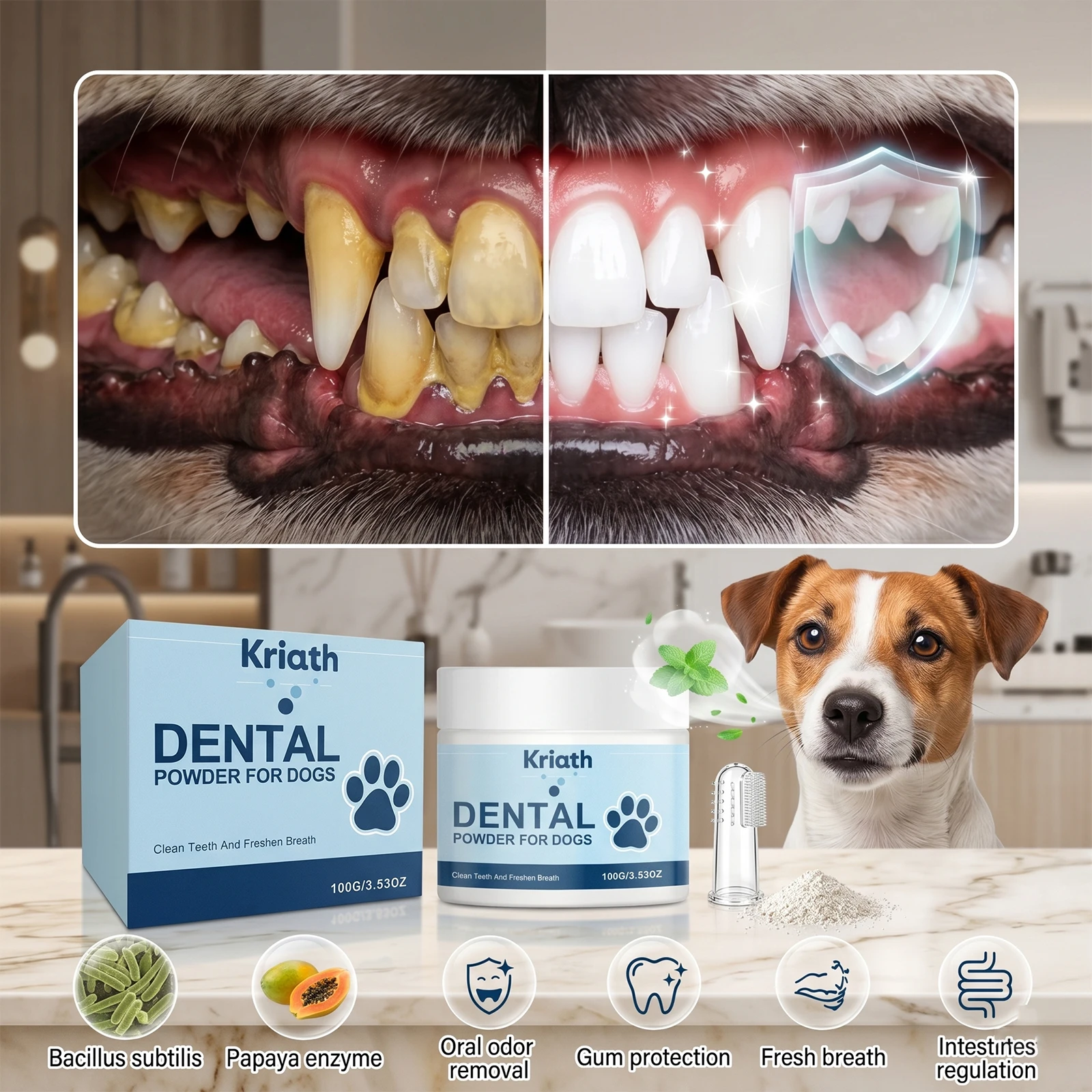 Natural Pet Oral Care Powder for Dog Teeth Cleaning to Freshen Breath and Soothe Gums 1005012183800051