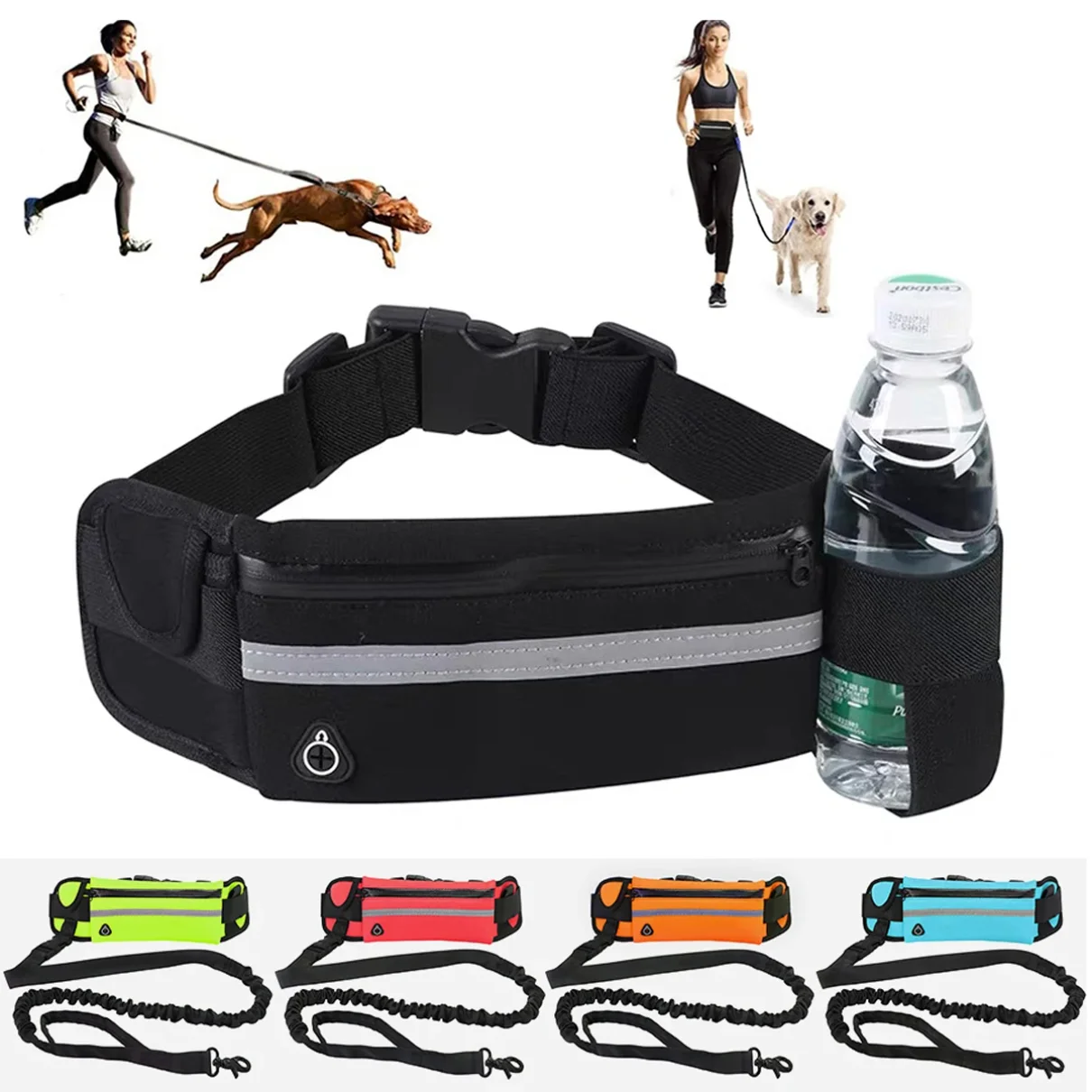 Hands Free Dog Leash for Running Walking Reflective Leash with Waist Bag Retractable Elastic Belt 1005012184991428