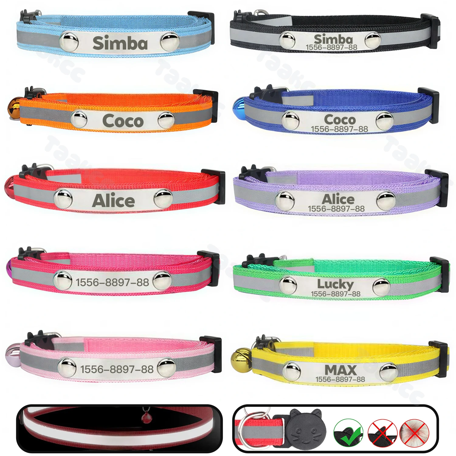 Custom Reflective Cat Collar Personalized ID Adjustable Safety Buckle with Bell Free Engraving 1005012192576357