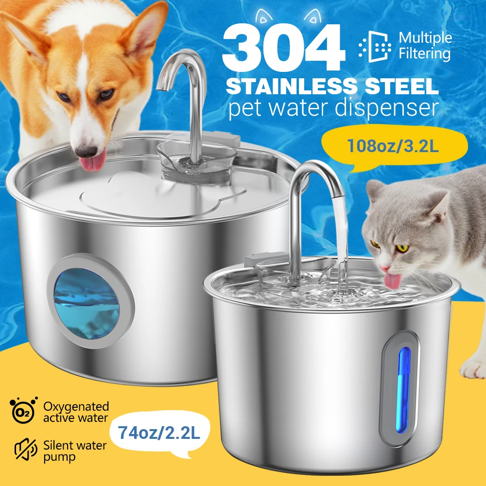 2.2L/3.2L Stainless Steel Pet Water Fountain for Dog Cat Water Dispenser Auto Drinking Fountain 1005012196717255