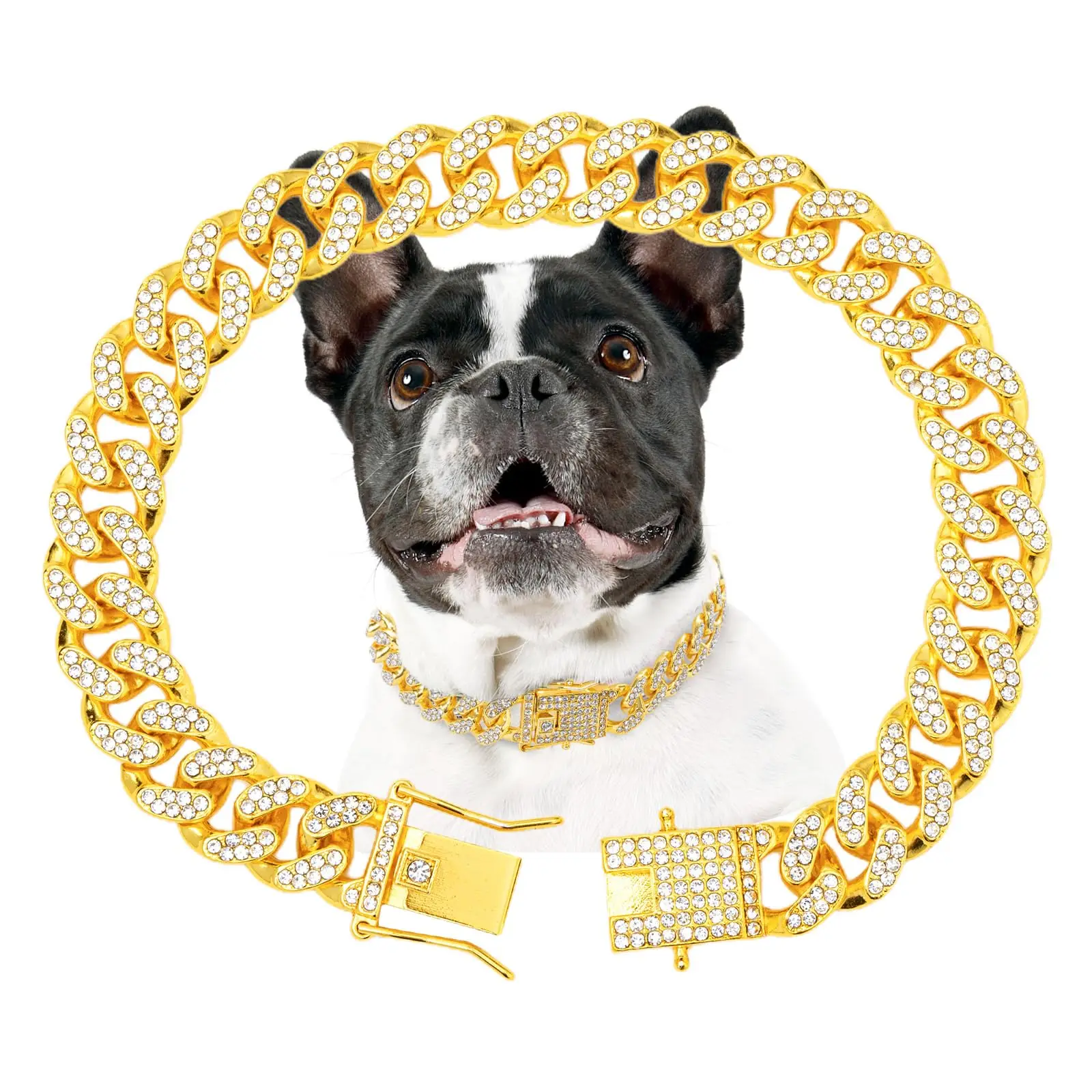 Gold Diamond Dog Collar, Secure Metal Chain with Designed Buckle 1005012202958977