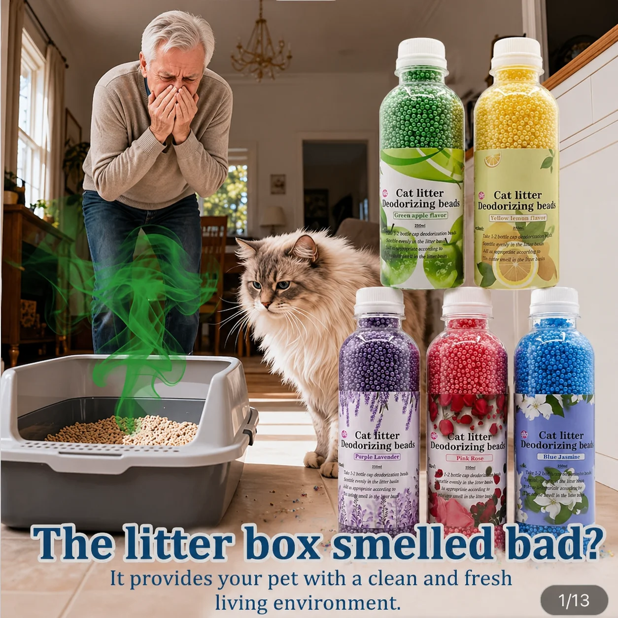 Cat Litter Deodorizing Beads, Litter Box Odor Neutralizer, Long-Lasting Fresh Scent (250ML) 1005012204114523