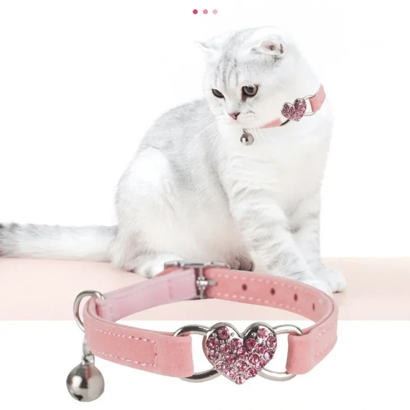 Heart Shaped Cat Collar with Bell Safety Elastic Adjustable Collar Soft Velvet Cat Crystal Collar 1005012204189372