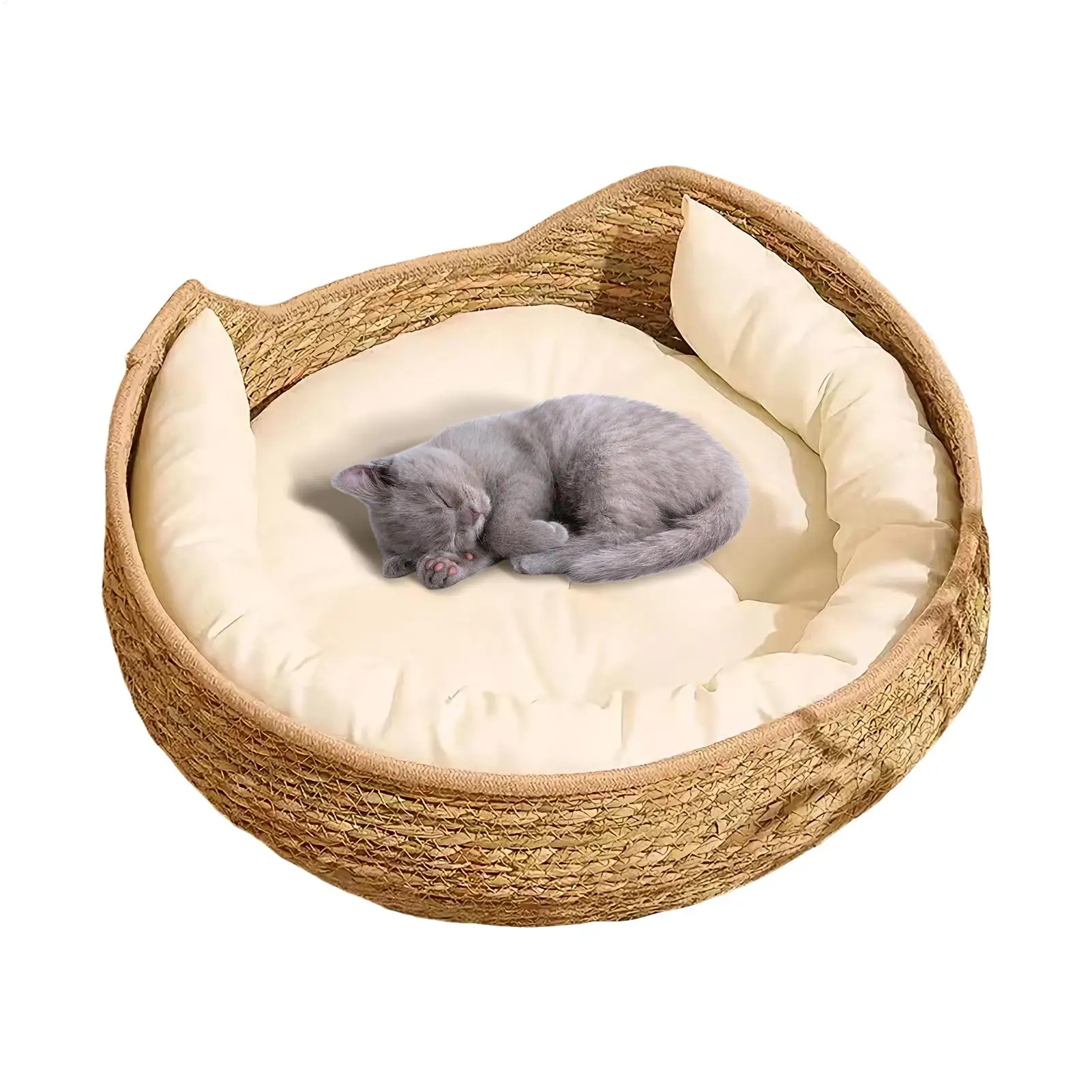 Woven Cat Bed Cat Woven Nest Bed with Soft Cushion and Pillow Ventilate All Season Scratch Sleep 1005012209690392
