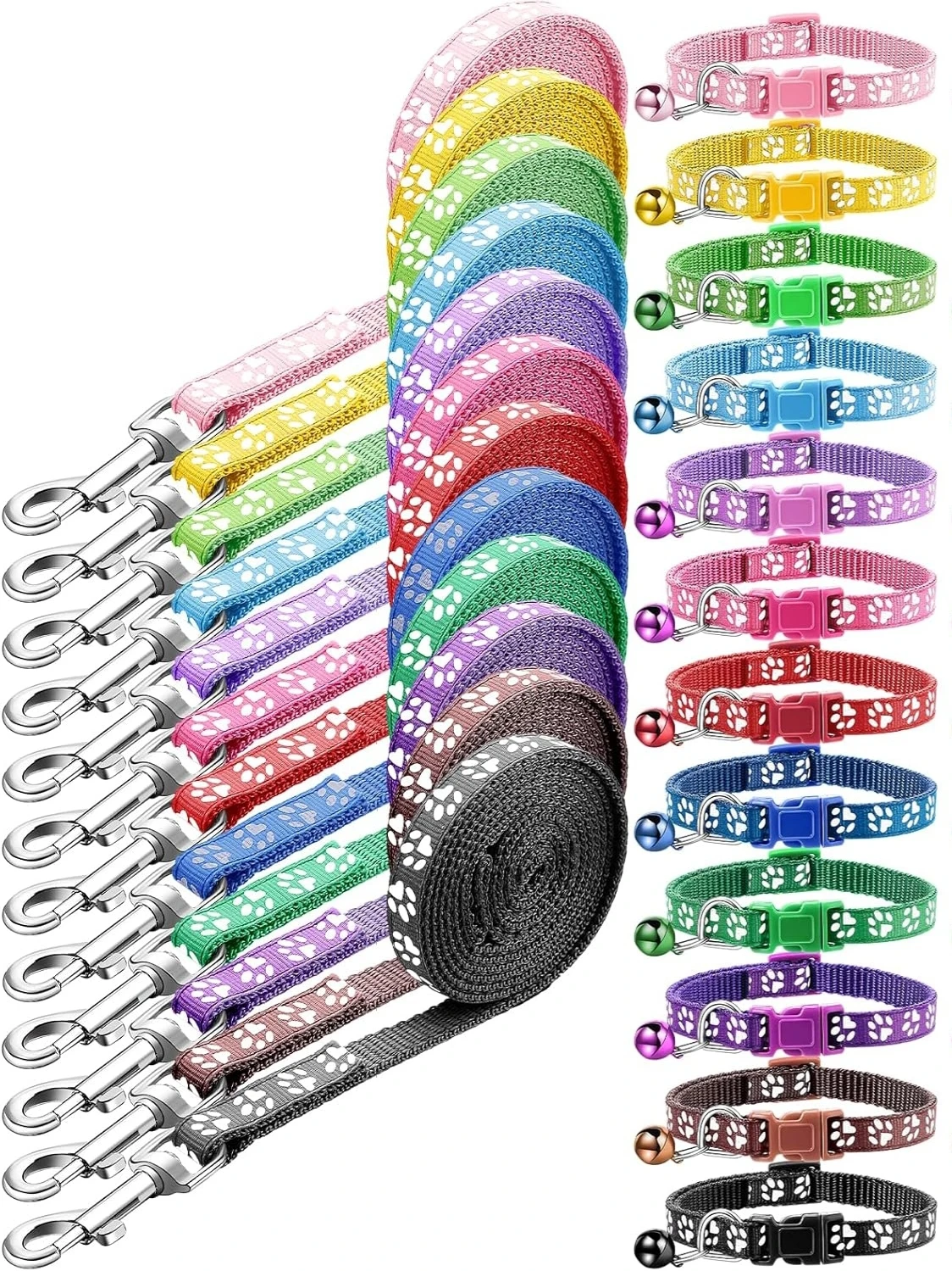 24PCS/Set Dog Collar Leash Set Adjustable Nylon Paw Print Pet Collars with Bell for Small Medium 1005012219714221