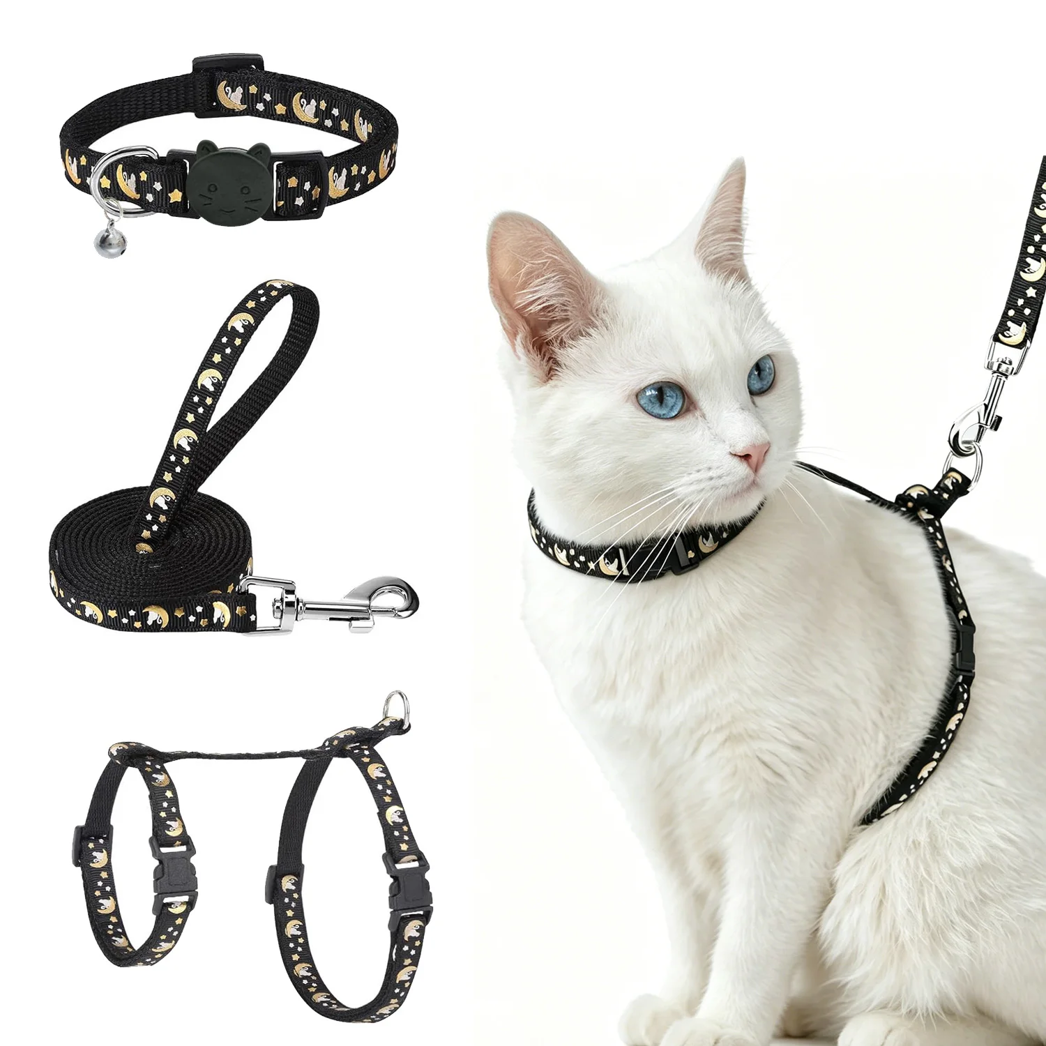 Cat Harness Leash Collar Set Escape Proof Adjustable H-Shaped Moon Star Pattern (3Pcs) 1005012223404507