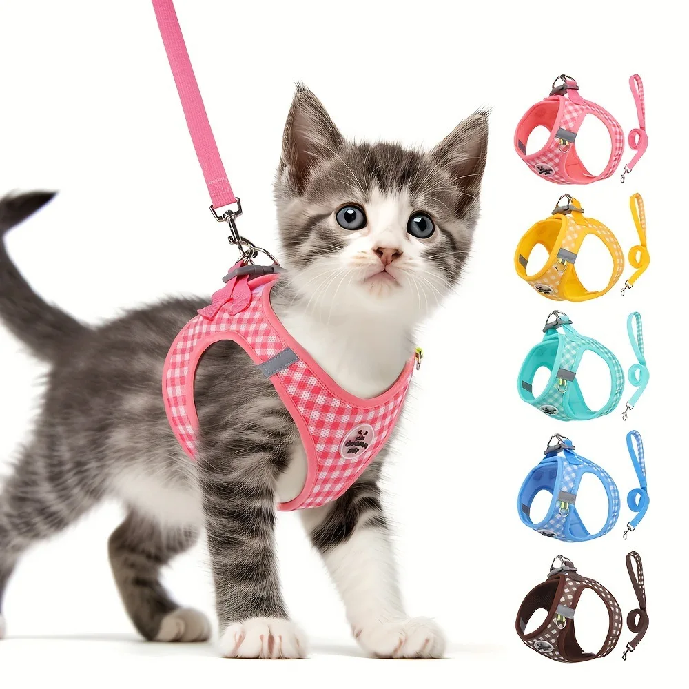 Checkered Pet Harness Cat Leash Small Dog Kitten Outdoor Breathable Reflective Chest Strap Plaid 1005012225967898