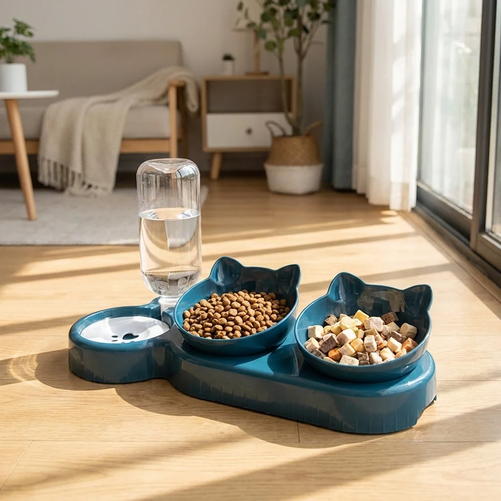 Pet Double Bowl Tilted Neck Protection Automatic Water Feeder Food Anti Choke Feeding Dish for Cat 1005012232795063