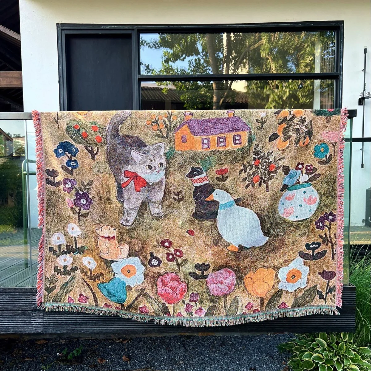 Whimsical Cat Tapestry Blanket Folk Art Woven Throw with Pastel Floral Garden Scene Vintage 1005012237920342