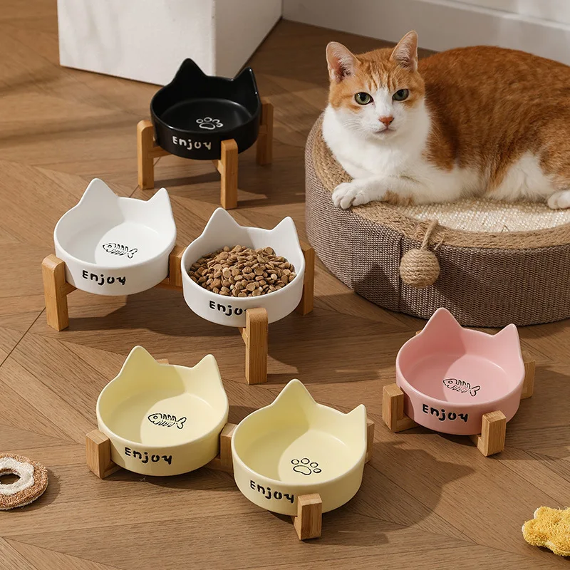 Yuechong Ceramic Cat Bowl Non Spill Pet Food Water with Bamboo Wooden Elevated Stand for Indoor 1005012239331053