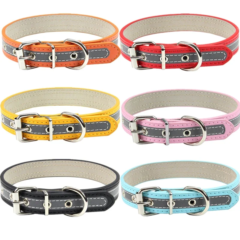 Adjustable Reflective PU Leather Dog Collar Durable Safety Pet Collar for Puppies Small Dogs Cats 1005012241202599
