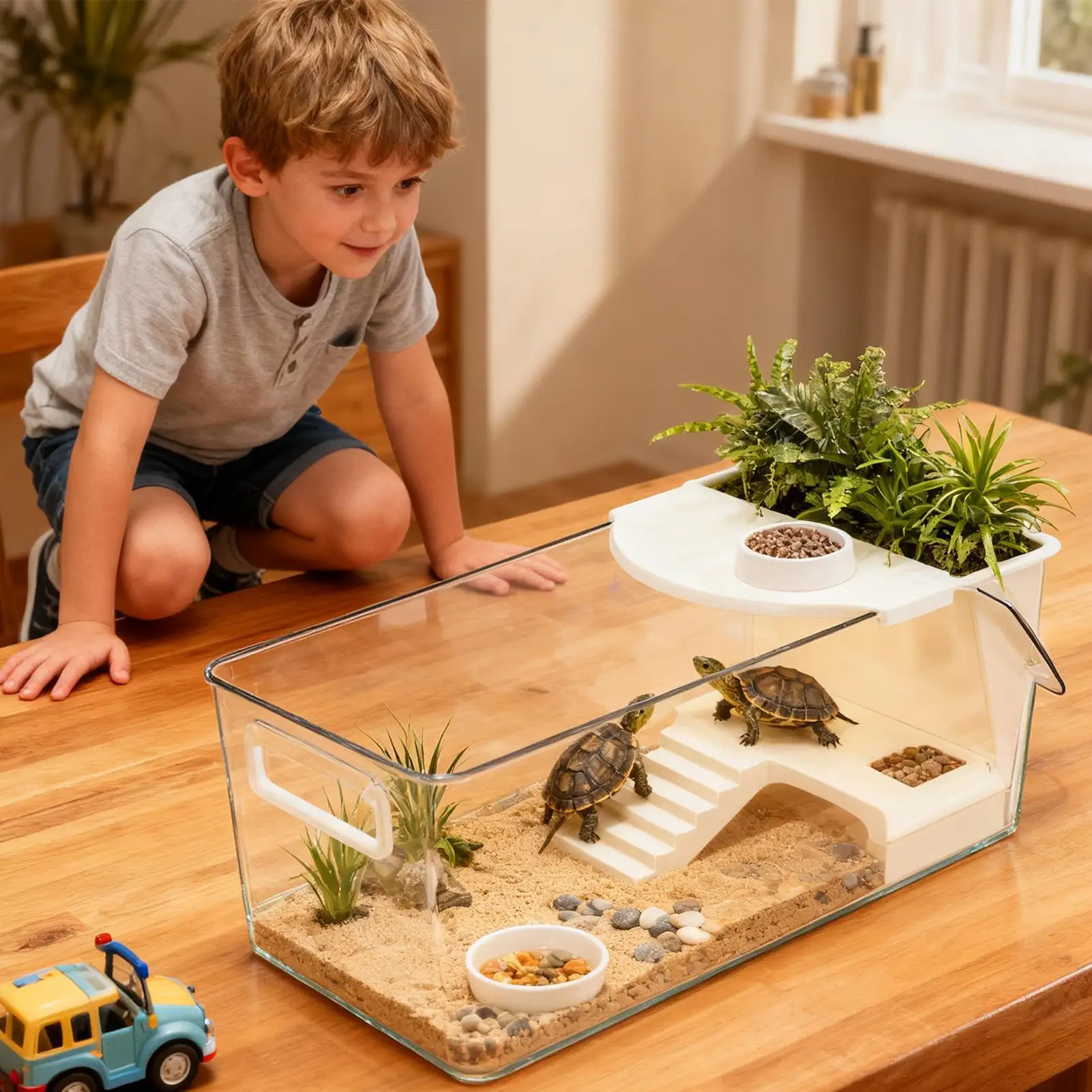 Turtle Tank Large Terrarium with Basking Plat Clear and Shallow Water Area Breathable for Tortoise 1005012242465738