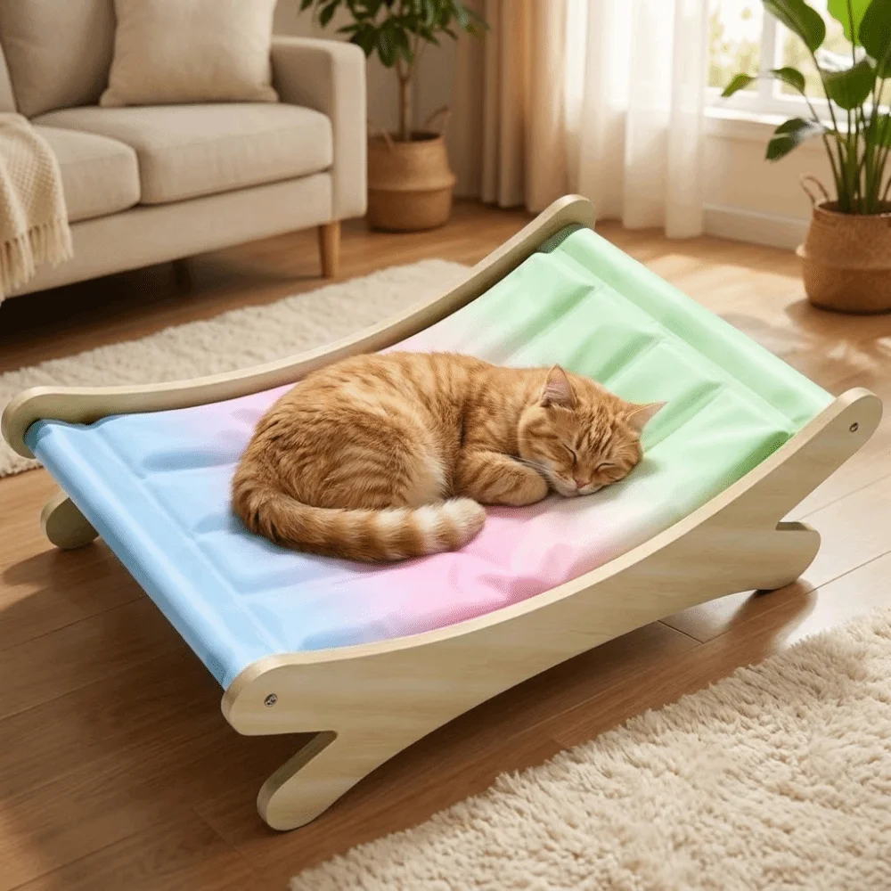 Waterproof Cat Ice Cushion Wooden Frame Elevated Design Pet Cooling Mat Breathable Cartoon Printed 1005012252574043