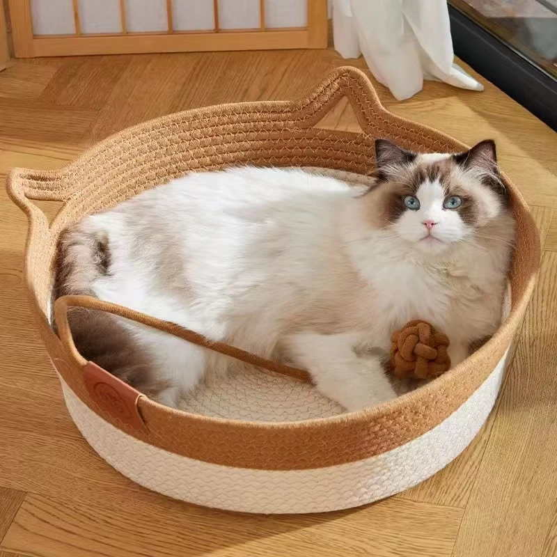 Pet Cat Bed Round Hand Woven Rattan Wear-Resistant Summer Cooling Pet Bed Indoor Sleeping 1005012260638260