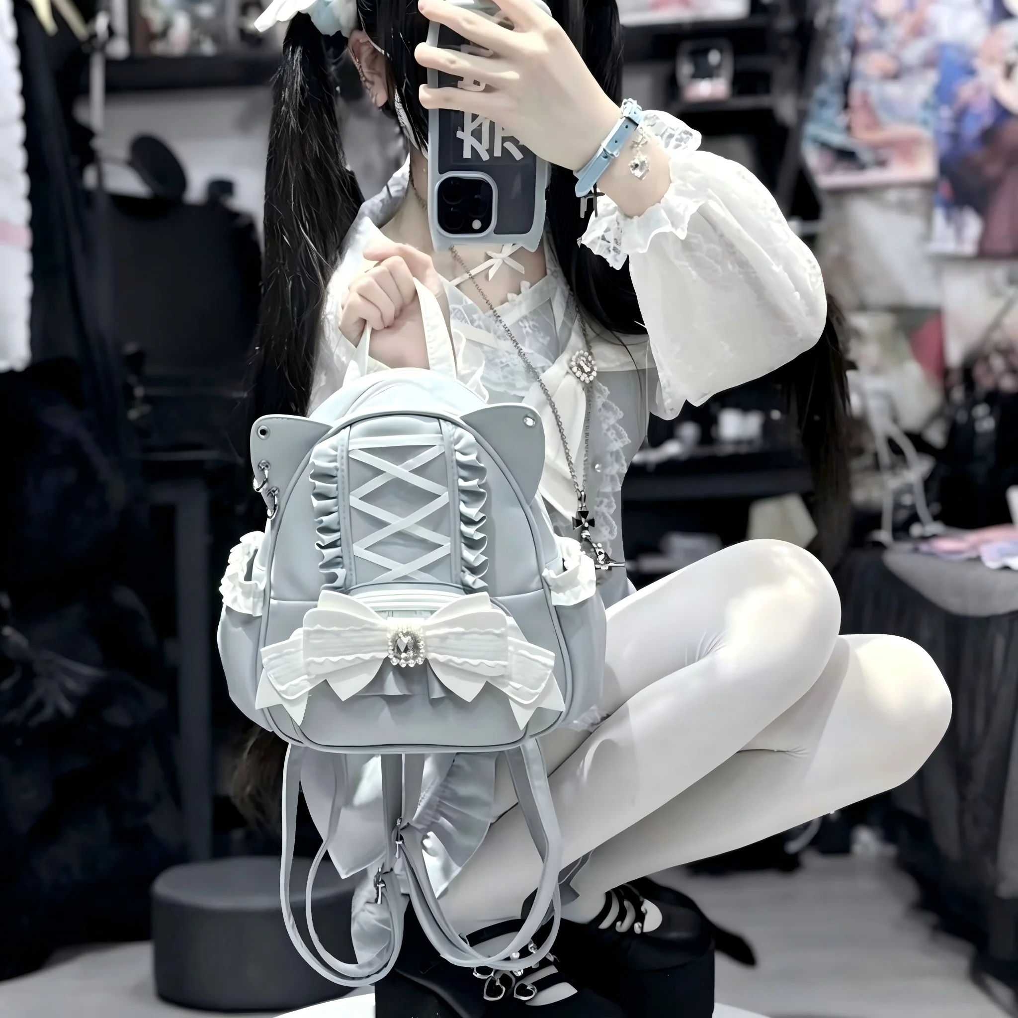 Cat Ear Mini Backpack, Sweet Gothic Style Bag with Lace, Bow and Rhinestone Details for Daily Use 1005012265795209