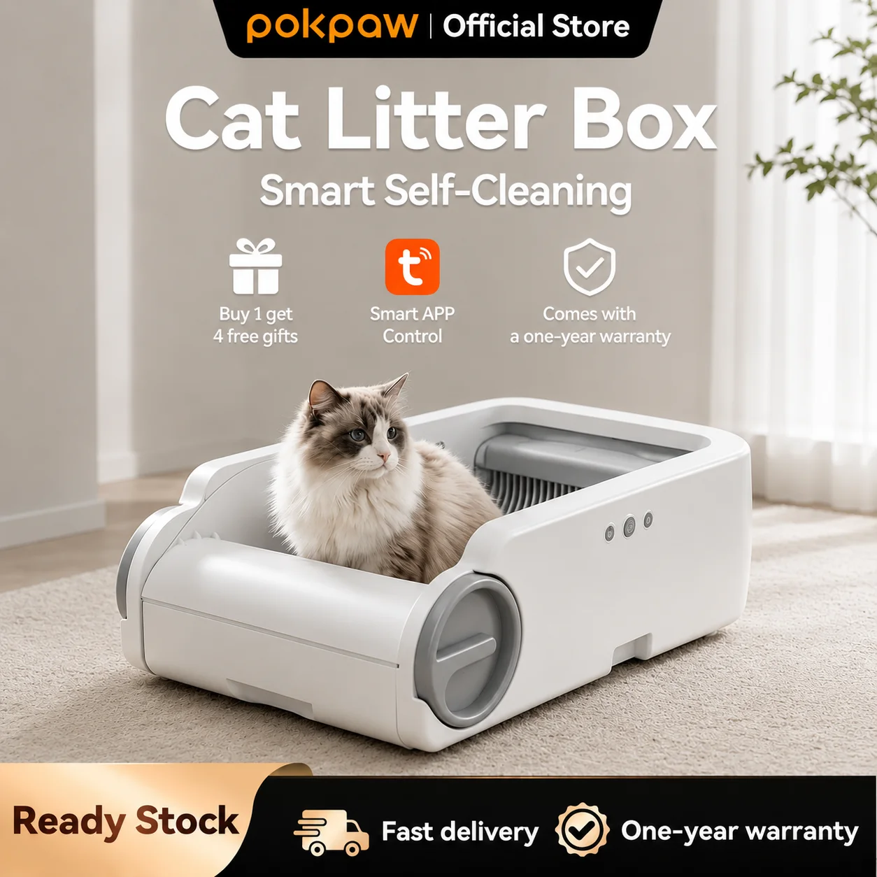 Pokpaw Open Automatic Cat Litter Box Smart Self-Cleaning Remote Control via App Cat Toilet Litter 1005012266805481