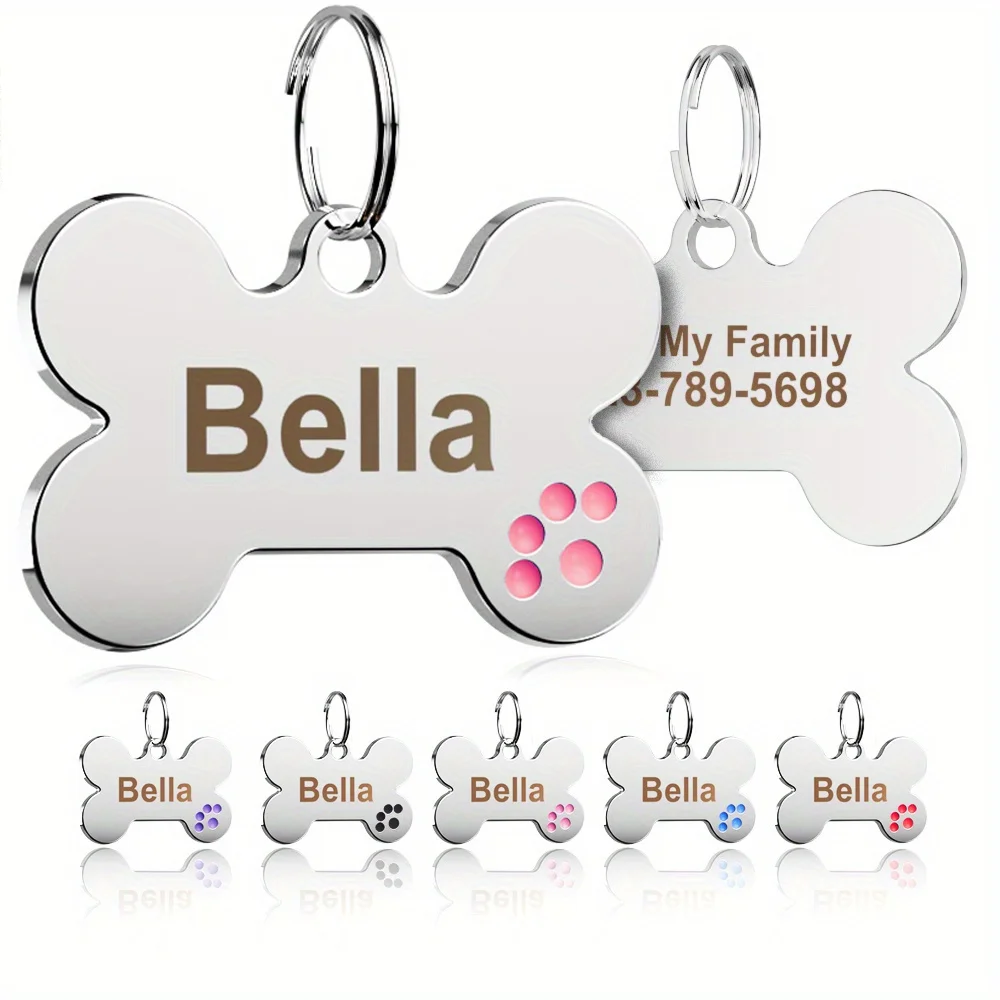 Custom Engraved Bone-Shaped Dog Tag, Personalized Pet ID Tag with Paw Print Design 1005012274889299