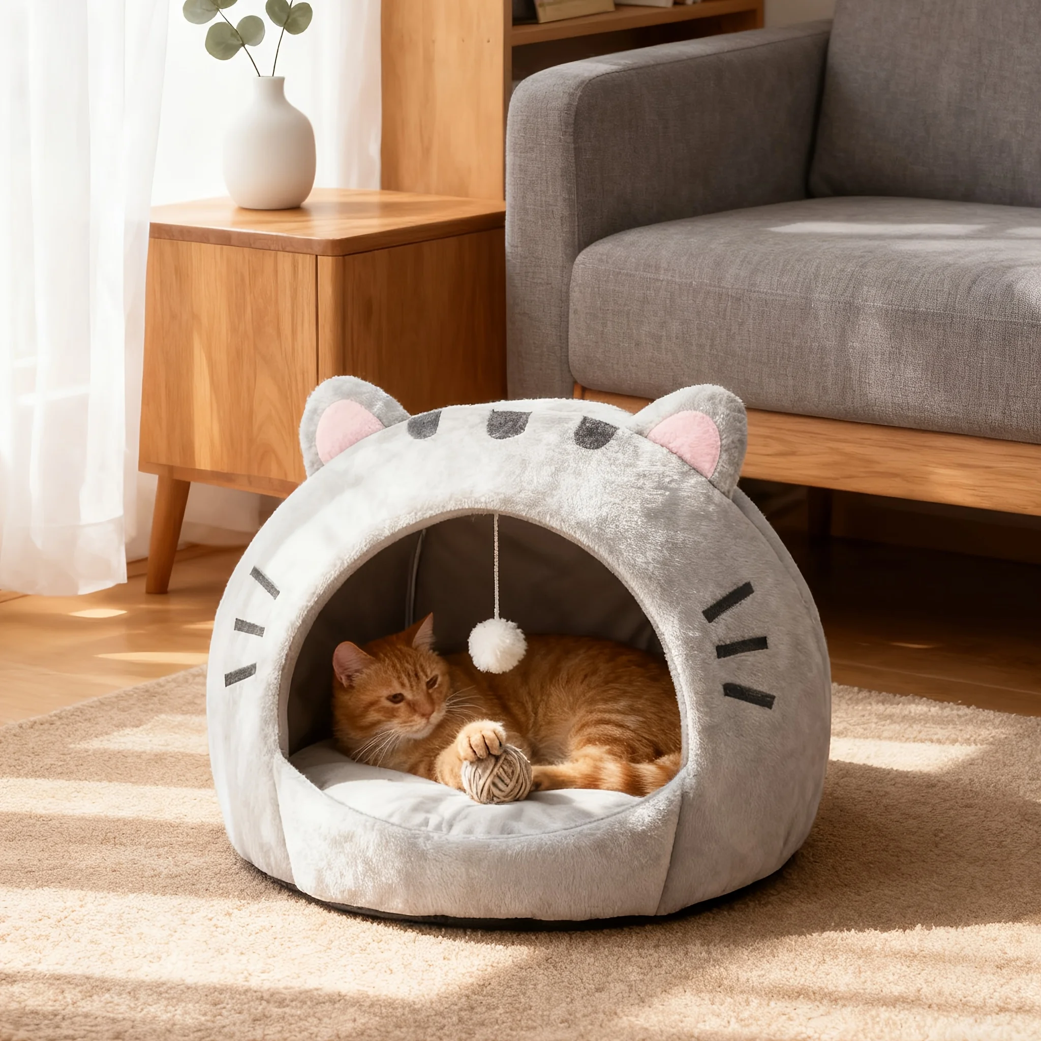 Classic Cat Cave Bed, Polyester Pet House W/ Thermal Canopy & Plush Pillow 1005012275008701