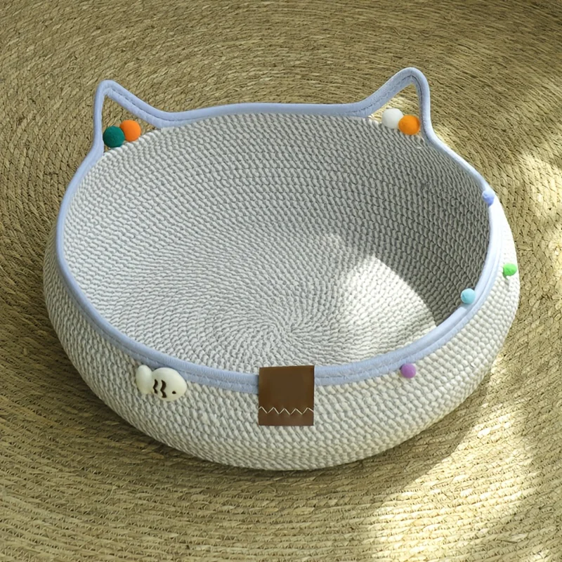 Cartoon Pet Cat Bed Round Hand Woven Rattan Cat Beds Summer Cooling Kitten Basket Cotton Rope Cat 1005012276057391