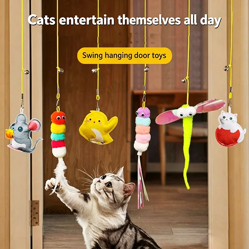 Interactive Hanging Door Cat Swing Toy with Elastic Feather Bell Teaser Wand Self-Play Exercise 1005012276337259
