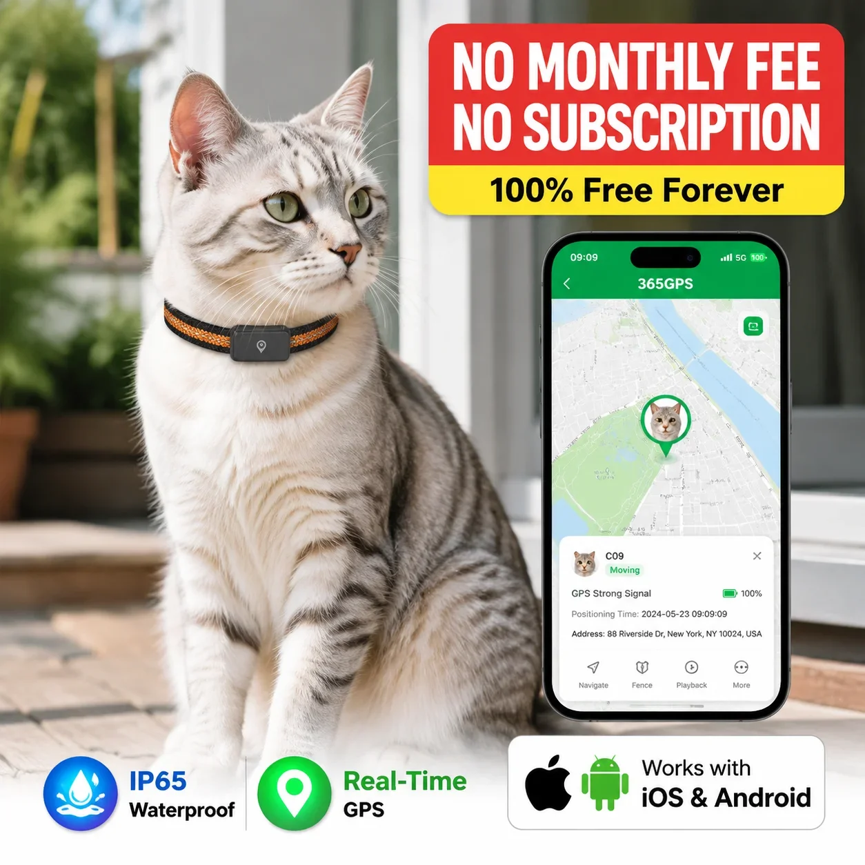 Cat Tracker GPS Collar IP67 Waterproof Real-Time Wi-Fi Location Anti-Lost Smart Collar No 1005012280056280